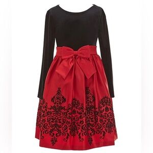 Rare Editions Girls Long Sleeve Velvet/Flocked Satin Skirted Fit & Flare Dress